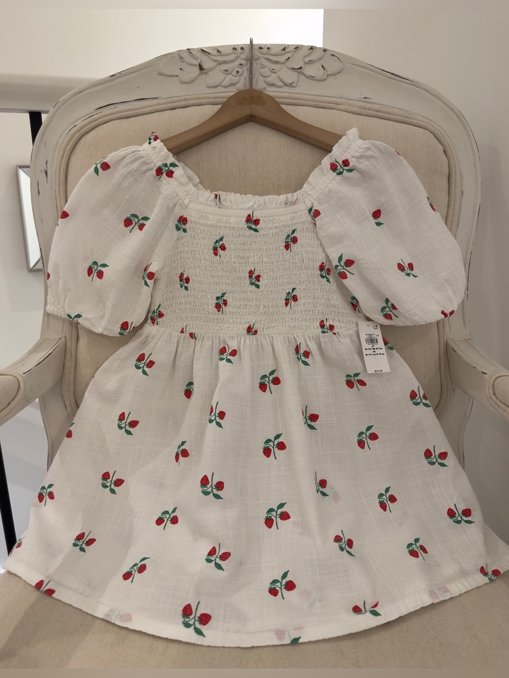 🍓 4T Girls White Strawberry Print Puff-Sleeve Cotton Dress With Smocking NWT